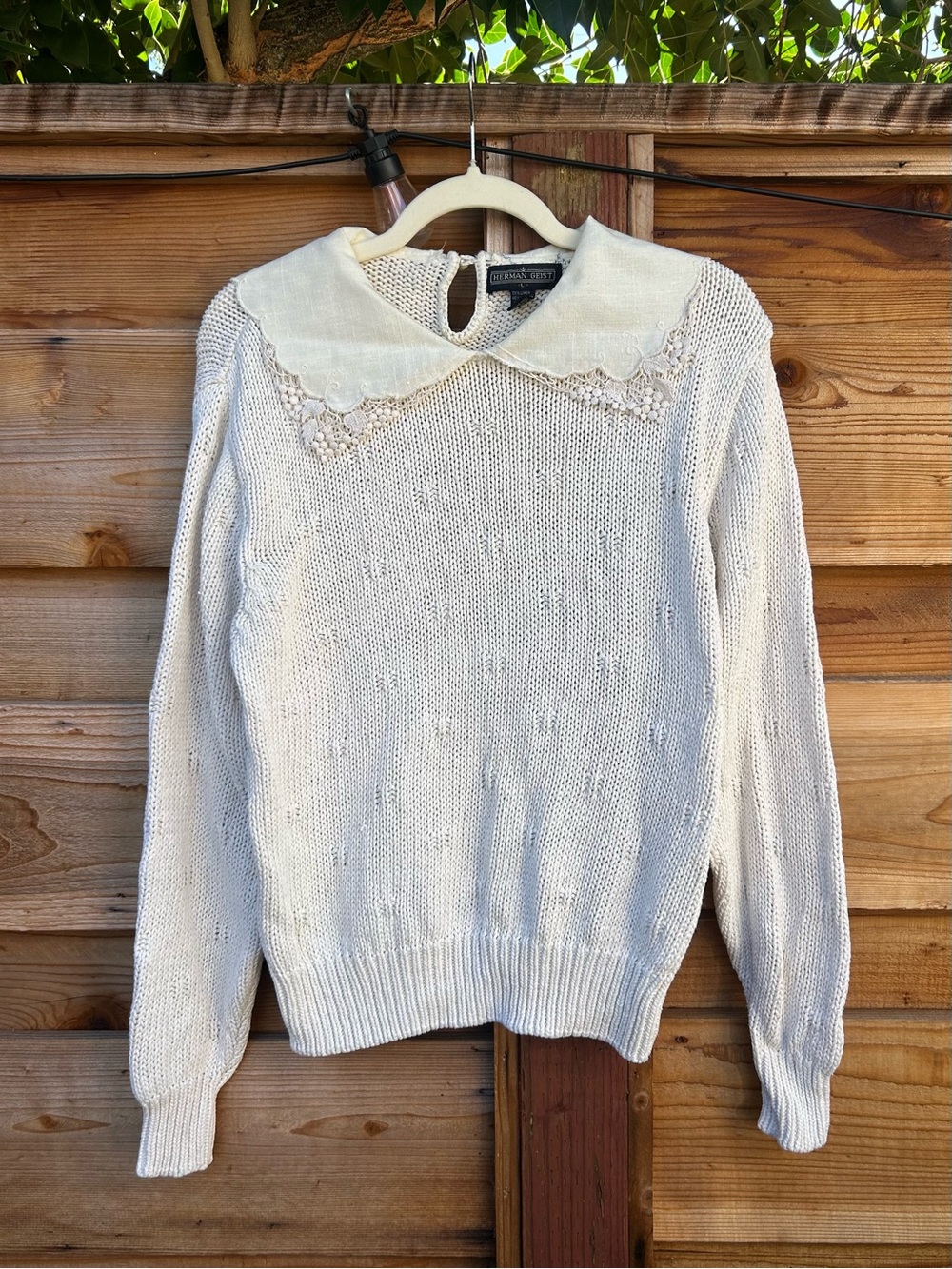 Vintage 90s Herman Geist Cream Lace Peter Pan Collar Chunky Sweater Linen Cotton